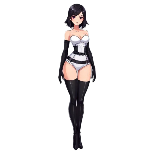 heroine with dark raven and shoulder-length hair standing in a white strapless leotard. she has long black gloves and black thigh high boots.  she is wearing a thick black belt. her leotard has a plunging neckline