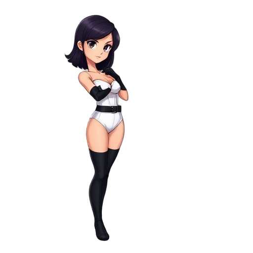 heroine with dark raven and shoulder-length hair in a fighting stance looking to the side. she is in a simple and solid white strapless leotard. she has long black gloves and black thigh high boots.  she is wearing a thick black belt. her leotard has a pl