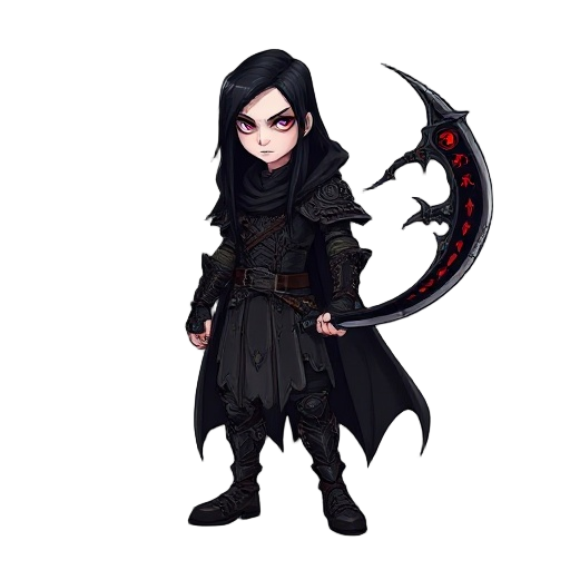 a dark, gothic warrior inspired by castlevania. pale skin, long black hair, wearing a torn cloak and leather armor with ornate gothic patterns. wields a large, curved scythe with glowing red runes. su