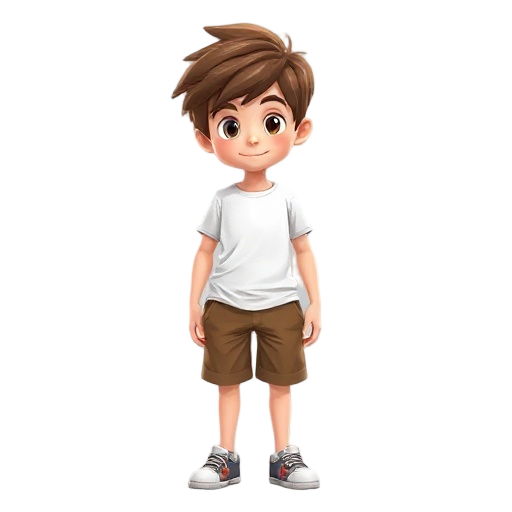 boy with brown messy hair wearing white t shirt and brown short