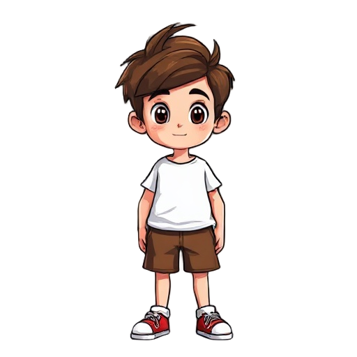 2d pixel boy with brown messy hair wearing white t shirt and brown short
