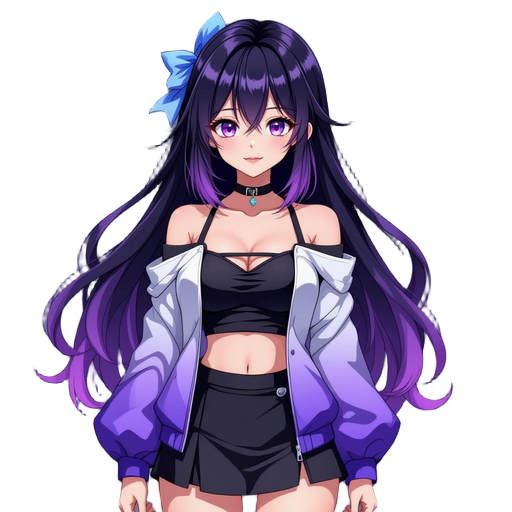 a beautiful anime-style female character, with long black hair that has purple highlights and tied with a blue ribbon. she has bright purple eyes. stylish and modern fantasy, wears an off-shoulder jacket with wide sleeves in a gradient of white to purple,