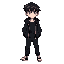  teenage boy with pale skin, messy black hair over eyes, black hooded jacket, black shirt, dark pants, slight emo look, 48x48 px per frame, 4-direction walking cycle, clean bright pixel colors, transparent background