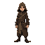 monk in hooded robes, faded earth tones, satchel at the hip, fantasy character, castlevania style