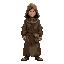 monk in hooded robes, faded earth tones, satchel at the hip, fantasy character