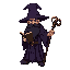 human wizard with grimoire, black beard, dark purple robe, forked staff, wizard hat, dark fantasy style 
