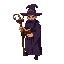  human wizard with grimoire, black beard, dark purple robe, forked staff, wizard hat, dark fantasy style 