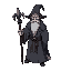 a wizard with grey robes, grimorie and staff, dark fantasy style