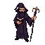  human wizard with grimoire, black beard, dark fantasy, dark purple robe, forked staff