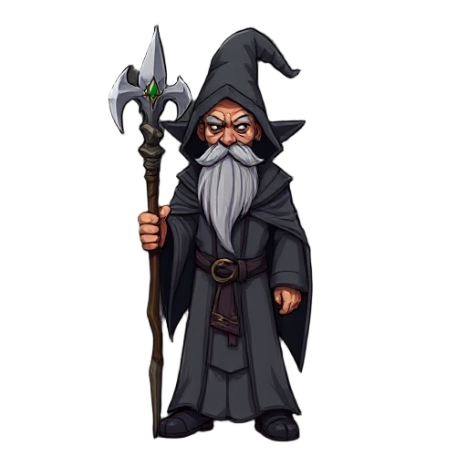 a wizard with grey robes, grimorie and staff, dark fantasy style
