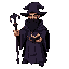  human wizard with grimoire, black beard, dark purple robe, forked staff, dark fantasy style 