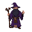 wizard with purple robes, long black beard, unornamented wooden staff, and a grimoire on his belt - dark fantasy.