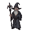 create a wizard, with grimorie and staff, grey robes, dark fantasy style