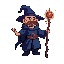 wizard, hat wizard, bald, with a wooden staff in your right hand, the staff have a bifurcation with red ball of energy, dark blue color of your clothes, he have a brown van dyke mustache, and bright beige eyesa