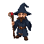 wizard, hat wizard, bald, with a wooden staff in your right hand, the staff have a bifurcation with red ball of energy, dark blue color of your clothes, he have a brown van dyke mustache, and bright beige eyesa
