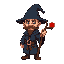 wizard, hat wizard, bald, with a wooden staff in your right hand, the staff have a bifurcation with red ball of energy, dark blue color of your clothes, he have a brown van dyke mustache, and bright beige eyesa