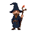 wizard, hat wizard, bald, with a wooden staff in your right hand, the staff have a bifurcation with red ball of energy, dark blue color of your clothes, he have a brown van dyke mustache, and bright beige eyesa