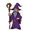 wizard with purple robes, long black beard, unornamented wooden staff, and a grimoire on his belt.