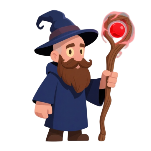 wizard, hat wizard, bald, with a wooden staff in your right hand, the staff have a bifurcation with red ball of energy, dark blue color of your clothes, he have a brown van dyke mustache, and bright beige eyesa