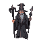 create a wizard, with grimorie and staff, grey robes, dark fantasy style