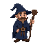 wizard, hat wizard, bald, with a wooden staff in your right hand, dark blue color of your clothes, he have a brown van dyke mustache, and bright beige eyesa