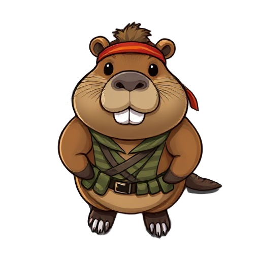 bubble-head style cartoon capybara, with an extremely large head and a very small body, wearing a military outfit and a headband like rambo, very cute.