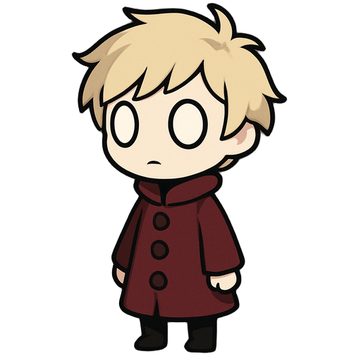 cartoon character, simple chibi style, pale skin, short messy light blonde hair, big round empty white eyes, wearing a long dark red coat with large buttons, side profile view, soft shading, clean vector outline, minimalistic background, hollow knight ins