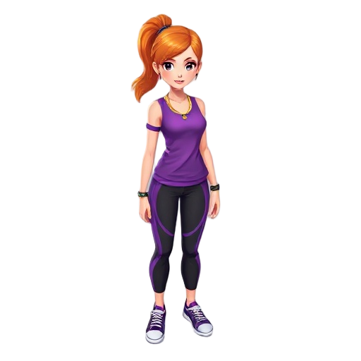 young woman with orange hair, wearing a purple sports shirt, black and purple track pants, gold necklaces