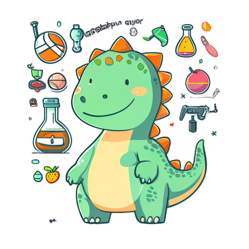  "a cute, chubby cartoon dinosaur with a pastel green body and small orange spikes on its back stands happily against a playful background filled with icons like sports equipment, fruits, and science 