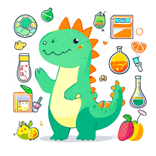  "a cute, chubby cartoon dinosaur with a pastel green body and small orange spikes on its back stands happily against a playful background filled with icons like sports equipment, fruits, and science 