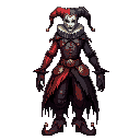  tattered jester outfit with deep, muted colors—crimson, dark violet, and black. a cracked porcelain mask, showing hints of a haunting grin beneath. clockwork gears embedded in his outfit