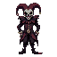 a tattered jester outfit with deep, muted colors—crimson, dark violet, and black.  a cracked porcelain mask, showing hints of a haunting grin beneath.  clockwork gears embedded in his outfit