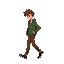 young man walking, mullet brown hair,, green jacket, brown pants, dark shoes
