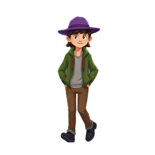 young man walking, mullet hair, purple hat, green jacket, brown pants, dark shoes