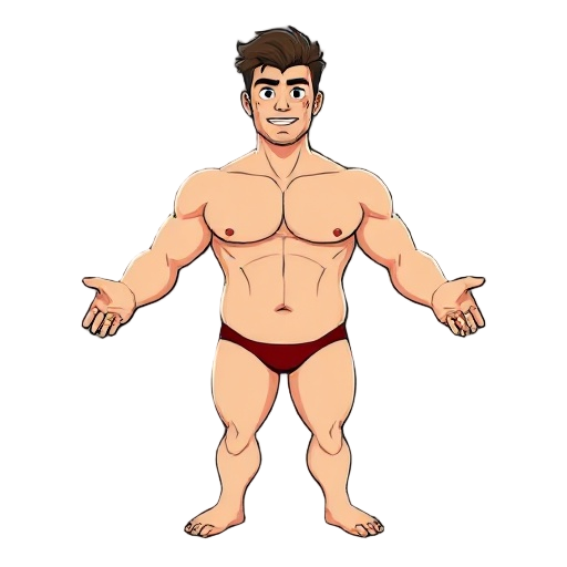 personagem masculino apenas com folhas nas partes íntimas, com os braços abertos, corpo inteiro