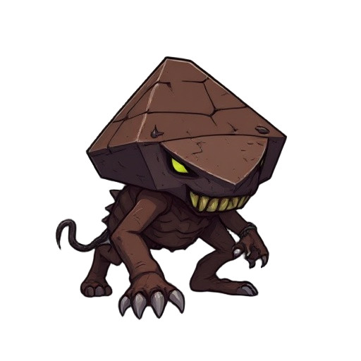 the anvil stalker imagine a creature that moves slowly, deliberately, across the screen. appearance: its "head" is a massive, rusty, crudely forged anvil or block of iron, completely obscuring any features. it's not a pyramid, but a heavy, blunt instrumen