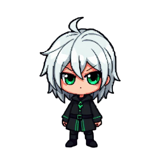 an expressionless, white hair, emerald, and black odd-eye neutral pixel image that will be used in pixel games with a dark atmosphere