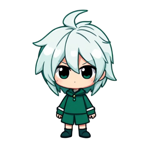 with expressionless white hair, emerald color and black odd-eye neutral pixel image