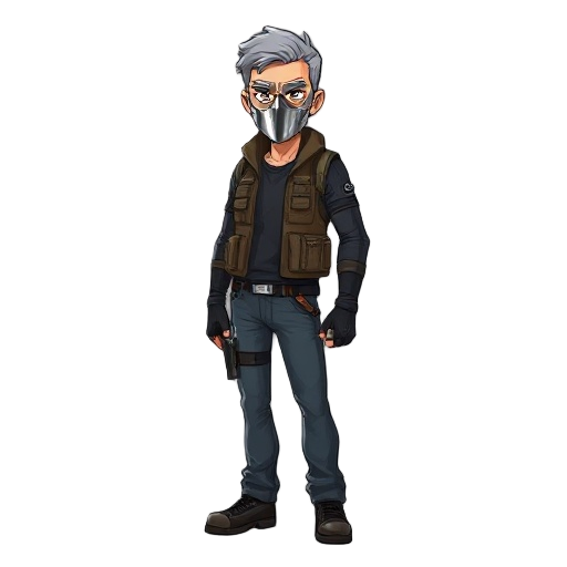 a man with a metal mask on, short gray hair, a vest, a tactical suit, jeans, knife on side