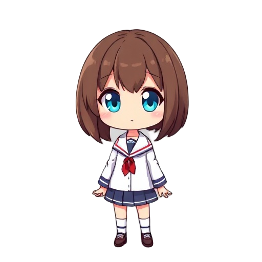 game sprite of japanese highschool uniform girl with brown bob cut hair and sky blue eyes (full body, including feet)