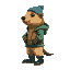 humanized marmot character with blue beanie, green hoodie, beige pants and dark blue boots, waking, profile view