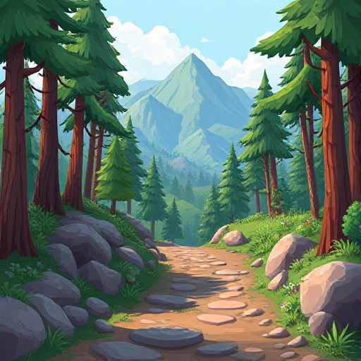 16-bit forest hiking path, layered background with trees, rocks, and hills