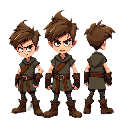 create a young warrior with tousled brown hair, angry eyes, cartoonish style, simple tunic, gloves, boots, and belt. show 4 bold poses on black background with strong, expressive attitude.
