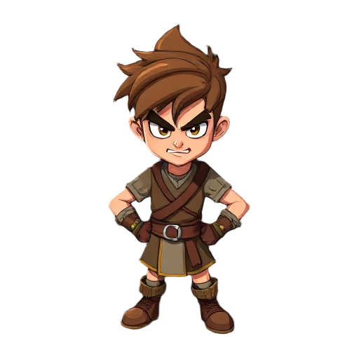 create a young warrior with tousled brown hair, angry eyes, cartoonish style, simple tunic, gloves, boots, and belt. show 4 bold poses on black background with strong, expressive attitude.