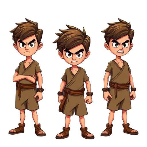 young character in four bold poses, angry expression, tousled hair, simple tunic, cartoonish style. warm tones on black background highlight his fierce, adventurous presence.