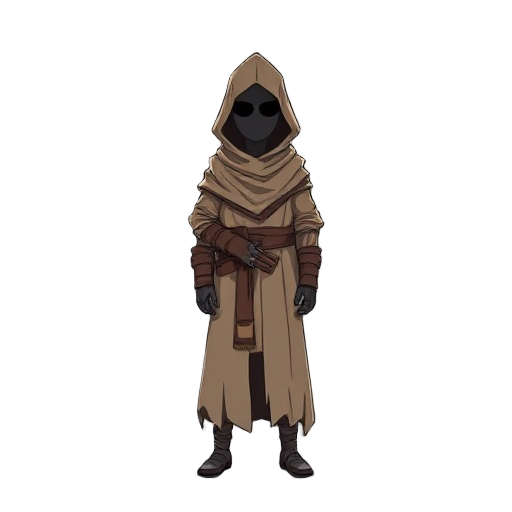 a mysterious desert wanderer standing alone in a vast, windswept wasteland. the figure is completely wrapped in a long, tattered cloak with a high collar and hood that obscures the face and hands enti
