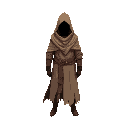 a mysterious desert wanderer standing alone in a vast, windswept wasteland. the figure is completely wrapped in a long, tattered cloak with a high collar and hood that obscures the face and hands enti