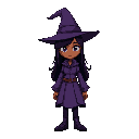 witch purple clothes black hair brown skin