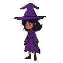 witch purple clothes black hair brown skin looking right