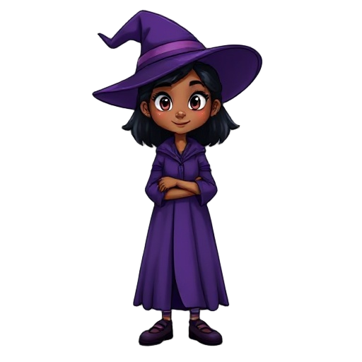witch purple clothes black hair brown skin